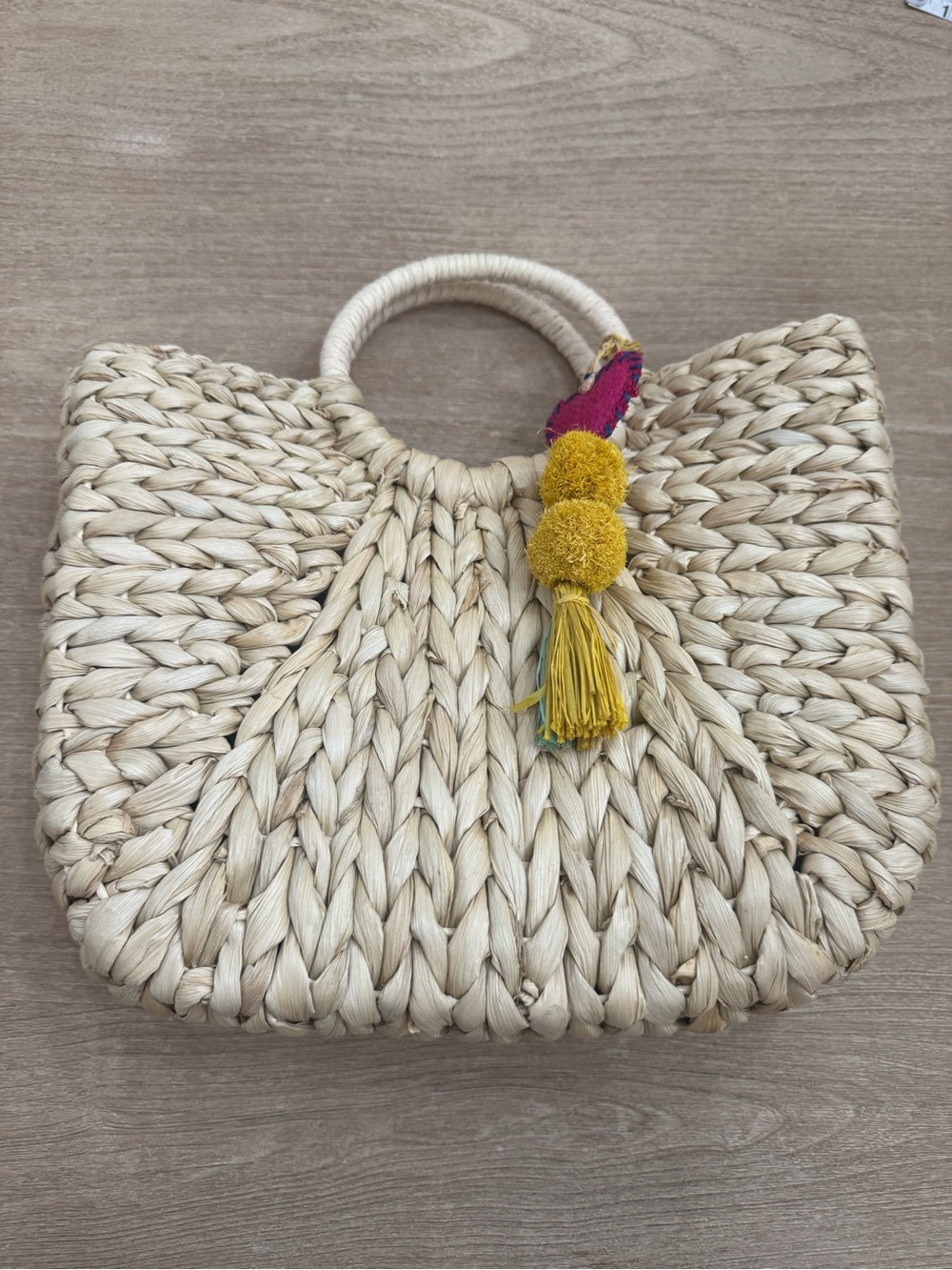 Bujibaja By Hat Attack Straw Tote Beach Bag Woven Basket Pom Pom Tassel